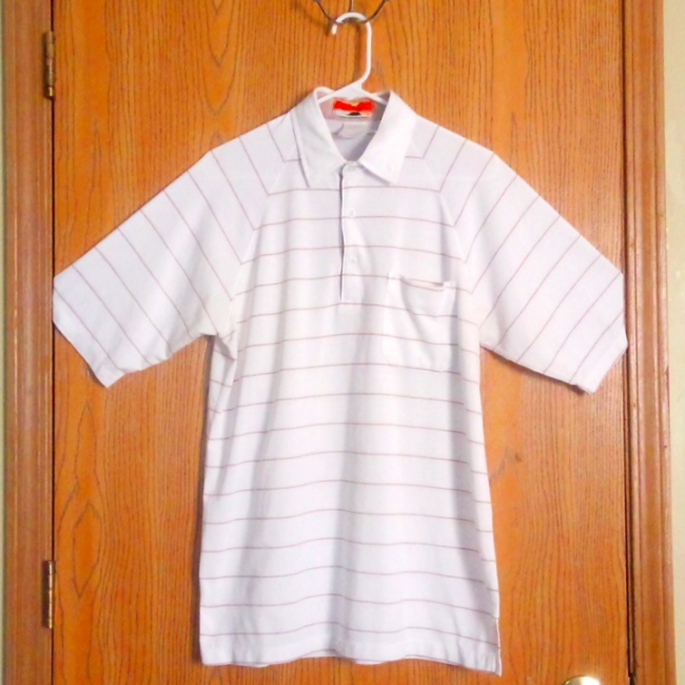 WHITE/Lt. Brown stripes & 3 button up w/ front pocket short sleeve "SUN CASUALS"